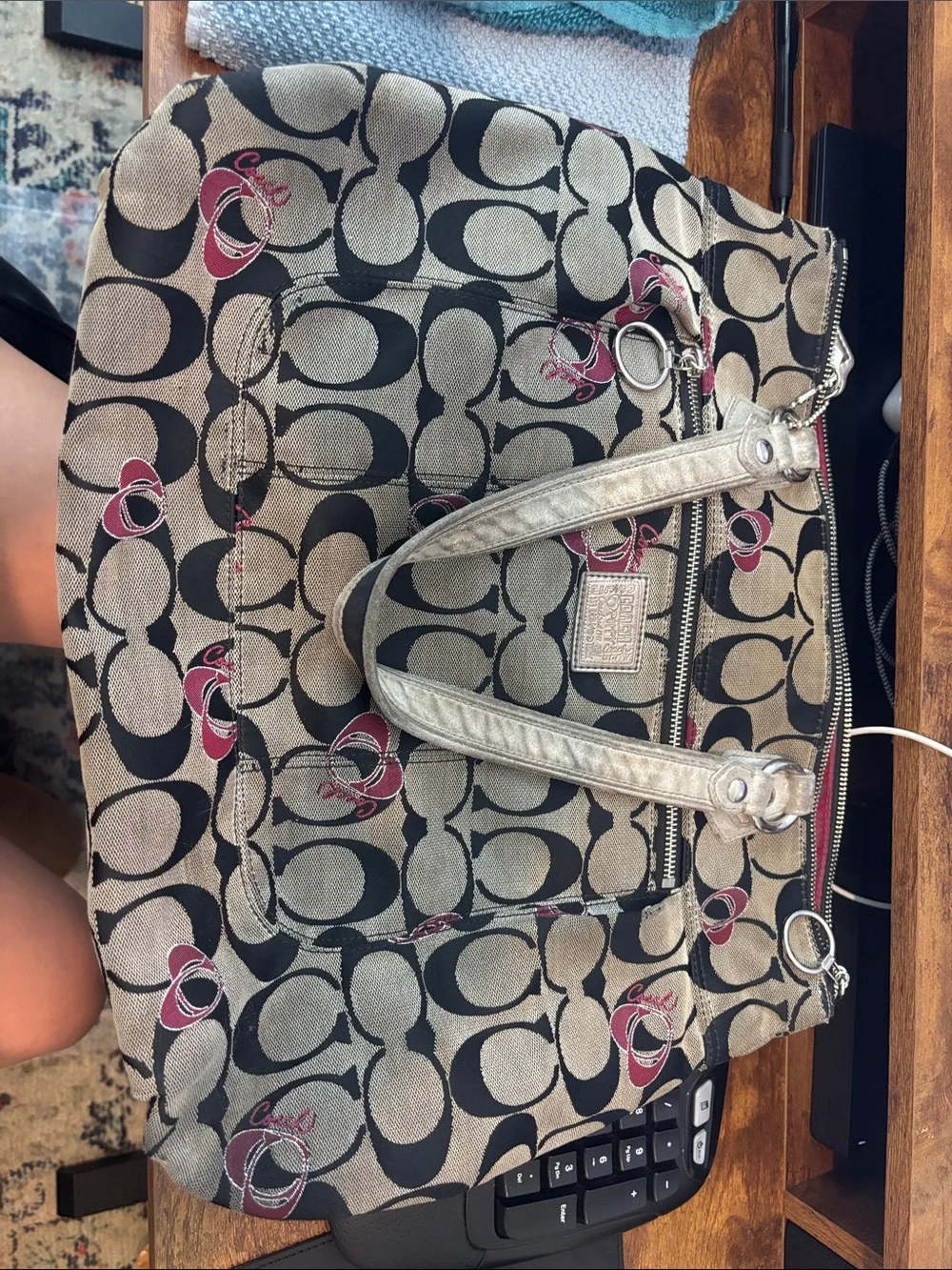 Coach Signature Poppy Large Canvas Tote in Khaki and Black with Pink Accents